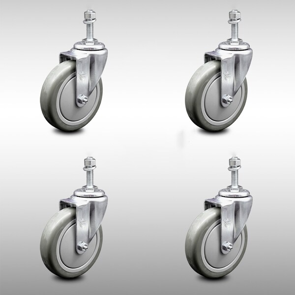 5 Inch SS Gray Polyurethane Wheel Swivel 10mm Threaded Stem Caster Set SCC